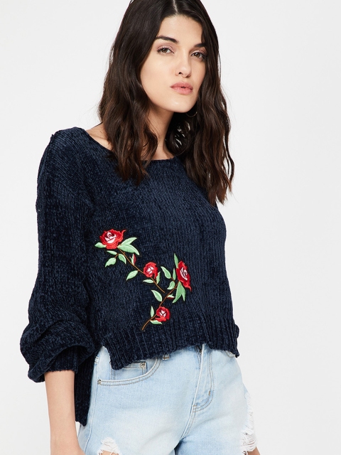 Ginger by Lifestyle Women Navy Blue & Red Ribbed Sweater