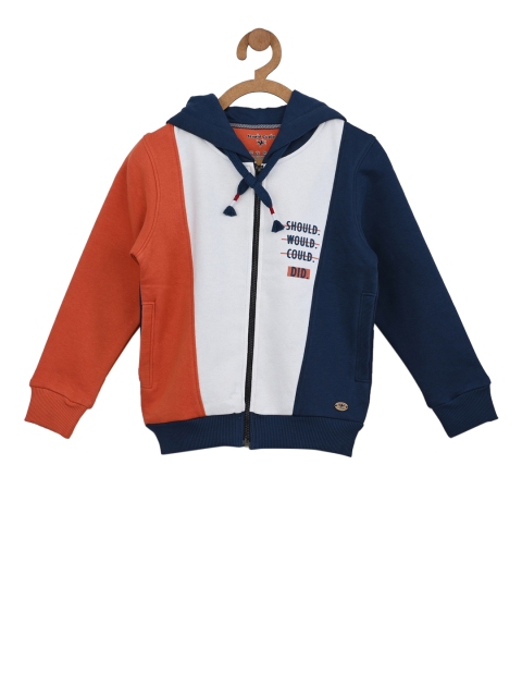 

Stupid Cupid Boys Navy Blue & White Colourblocked Hooded Sweatshirt