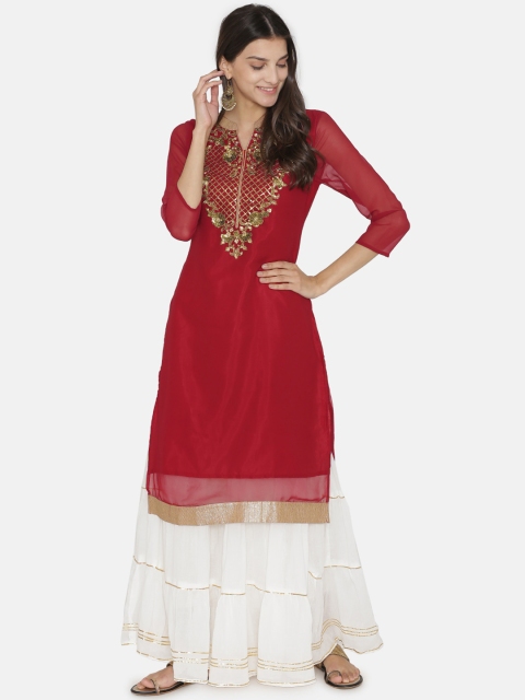 

Kifahari Women Red & Gold-Toned Embroidered Slim-Fit Kurta, Maroon