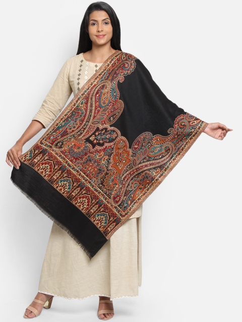 

Anekaant Women Black & Beige Woven Design Pure Woolen Paisley Shawl