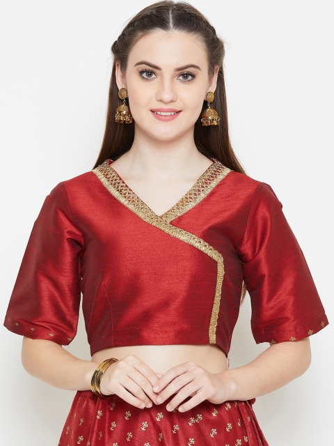 

studio rasa Women Dupion Block Zari Embroidered Ethnic Crop Top, Maroon
