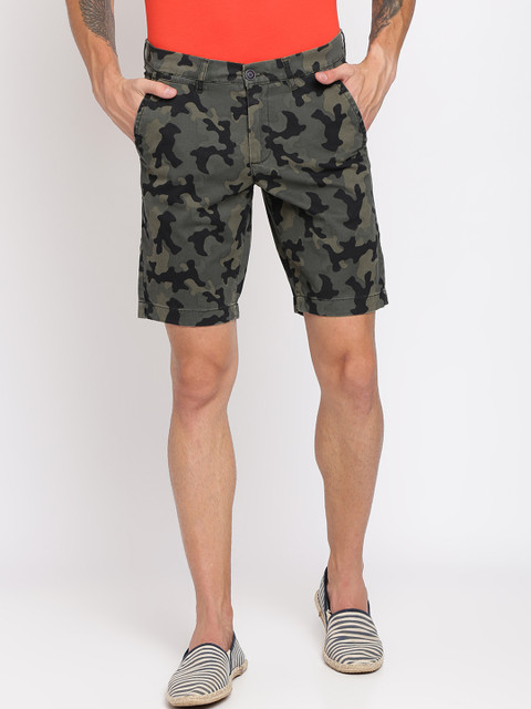 

Crocodile Men Olive Green Printed Slim Fit Regular Shorts