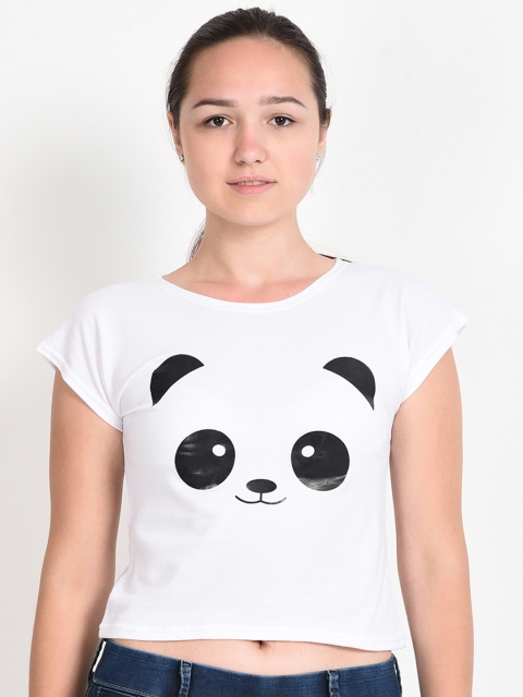 

Everlush Women White & Black Printed Round Neck Crop T-shirt