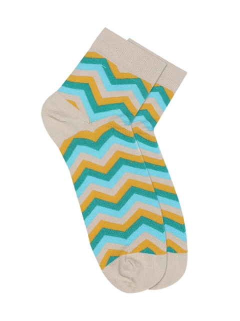 

Soxytoes Men Blue & Yellow Zig-Zag Patterned Calf-Length Socks, Beige