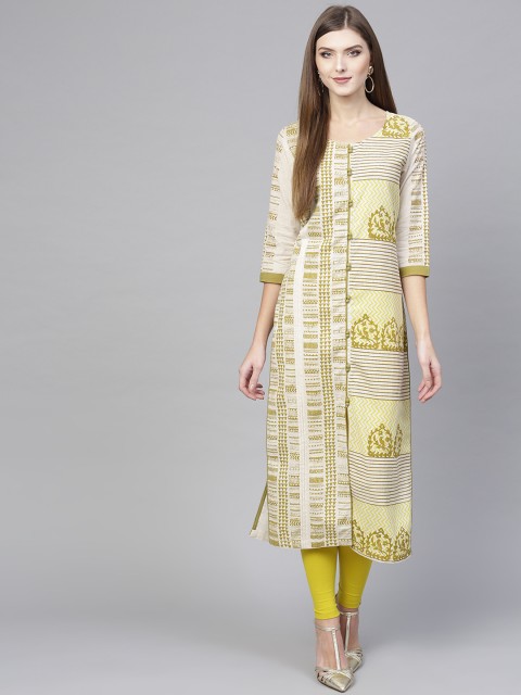 

Pannkh Women Off-White & Green Block Printed Straight Kurta