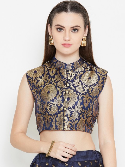 

studio rasa Women Brocade Button Down Crop Top, Navy blue