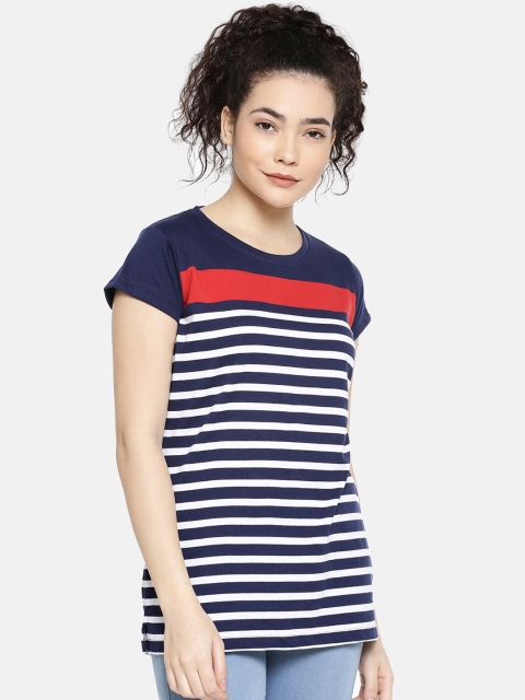 

GOLDSTROMS Women Navy Blue Striped Cotton Top