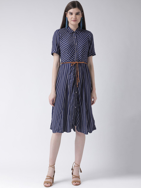 

Latin Quarters Women Blue & Grey Striped Fit and Flare Dress