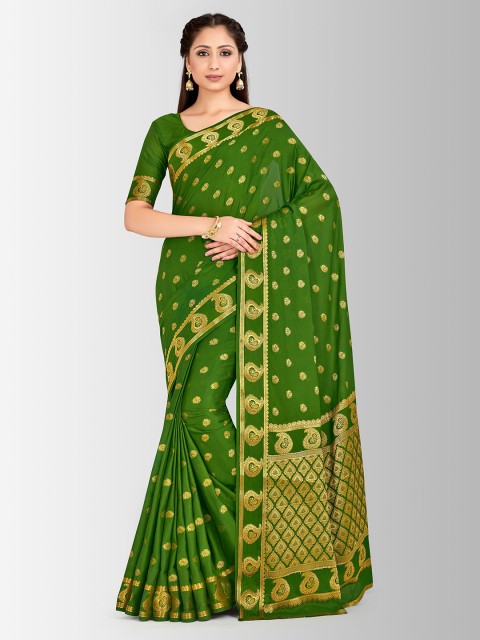 

MIMOSA Green & Gold-Toned Poly Crepe Woven Design Mysore Silk Saree