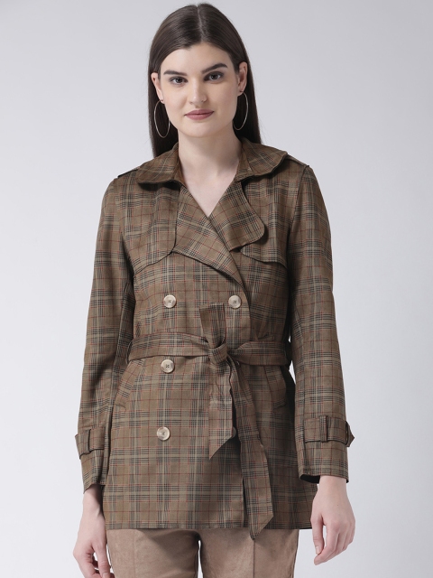 

Latin Quarters Women Olive Brown Checked Trench Coat, Green