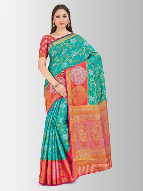 

MIMOSA Turquoise Blue & Red Art Silk Woven Design Kanjeevaram Saree