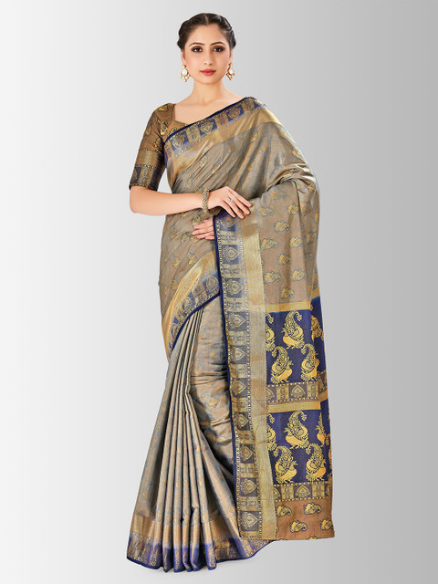 

MIMOSA Grey & Blue Art Silk Woven Design Kanjeevaram Saree