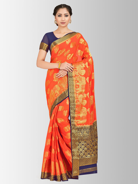 

MIMOSA Orange & Navy Blue Poly Chiffon Woven Design Banarasi Saree