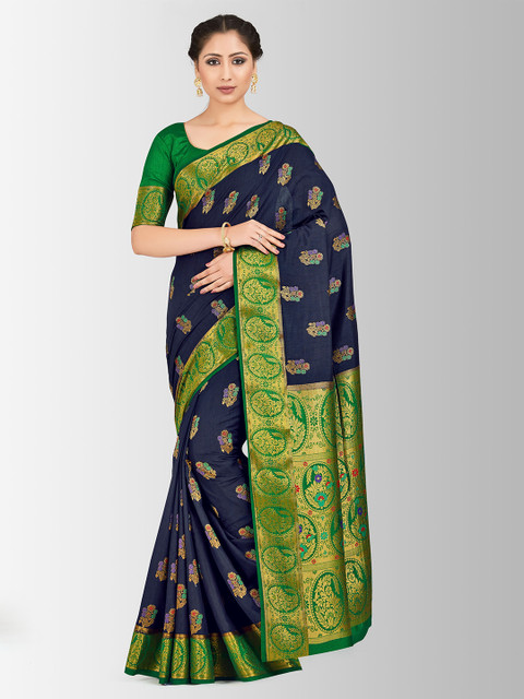 

MIMOSA Navy Blue & Green Art Silk Woven Design Paithani Saree