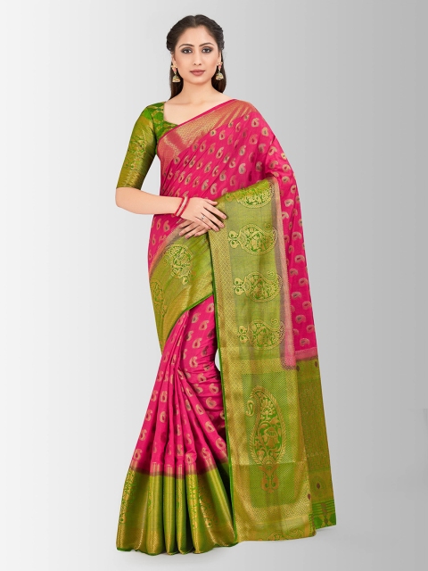 

MIMOSA Pink & Green Art Silk Woven Design Kanjeevaram Saree