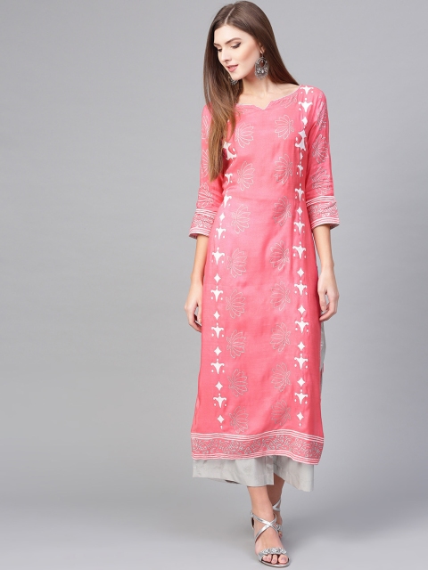 

Pannkh Women Pink & White Printed Shantoon Straight Kurta
