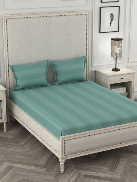 

PIZUNA LINENS Blue Striped 400 TC Cotton 1 Queen Bedsheet with 2 Pillow Covers