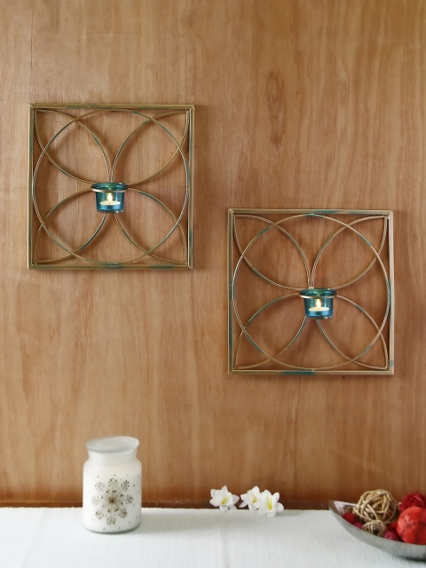 

HOSLEY Set of 2 Gold-Toned & Blue Wall Tea Light Candle Holders