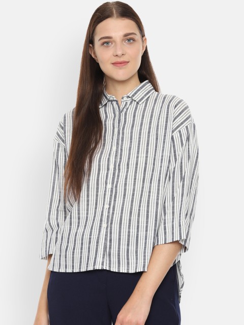 

Van Heusen Woman Women Grey & Off-White Regular Fit Striped Casual Shirt