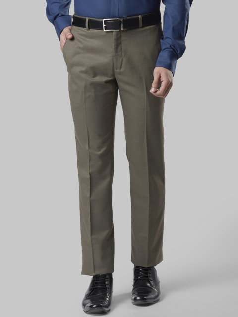 

Raymond Men Olive Green Slim Fit Self Design Regular Trousers