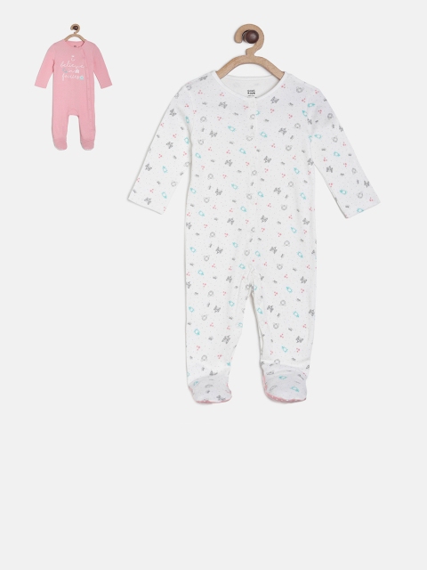 

MINI KLUB Girls Pack of 2 White & Pink Printed Pure Cotton Sleepsuits