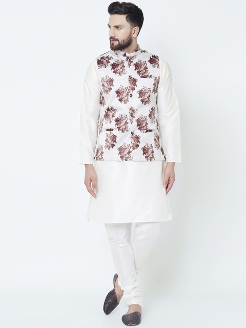 

TAG 7 Men Brown & White Floral Printed Kurta with Churidar & Nehru Jacket