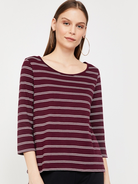 

Fame Forever by Lifestyle Women Burgundy Striped Pure Cotton Top