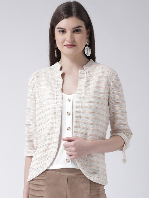 

Latin Quarters Women Beige & White Striped Open Front Shrug