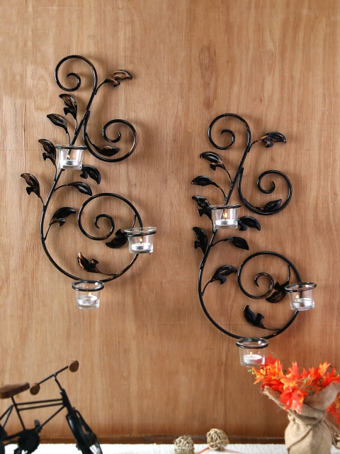 HOSLEY Set of 2 Black & Transparent Wall Tea Light Candle Holders