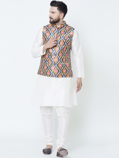

TAG 7 Men Orange & Cream-Coloured Solid Kurta with Churidar & Nehru Jacket