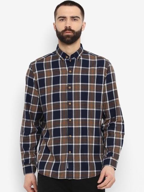 

SWISS MILITARY Men Coffee Brown & Navy Blue Slim Fit Checked Casual Shirt