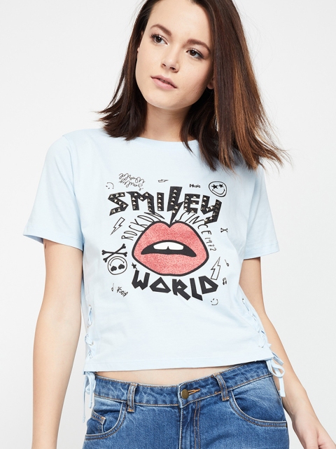 

Smiley World Women Blue Printed Round Neck T-shirt