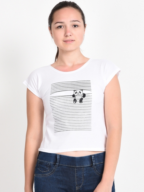 

Everlush Women White & Black Printed Round Neck Crop T-shirt