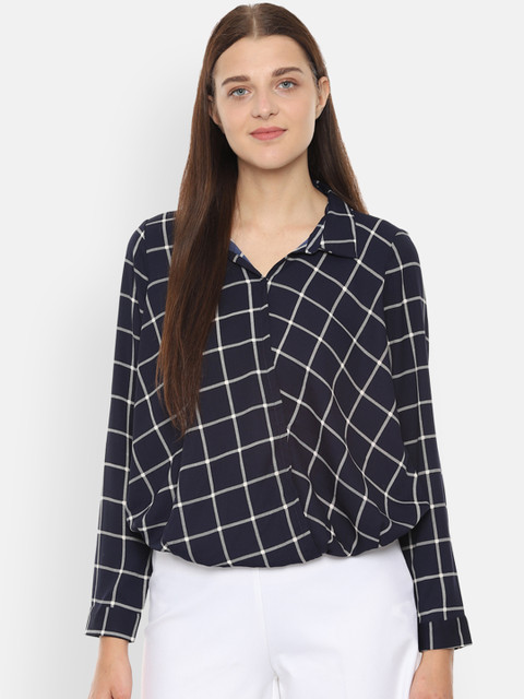 

Van Heusen Woman Navy Blue & White Regular Fit Checked Casual Shirt