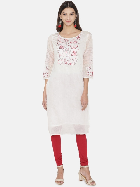 

Kifahari Women Off-White & Red Floral Embroidered Slim-Fit Knee-Length Kurta