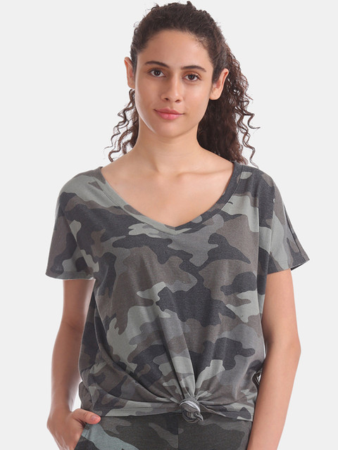 

Aeropostale Women Olive Green & Grey Camouflage Printed Top