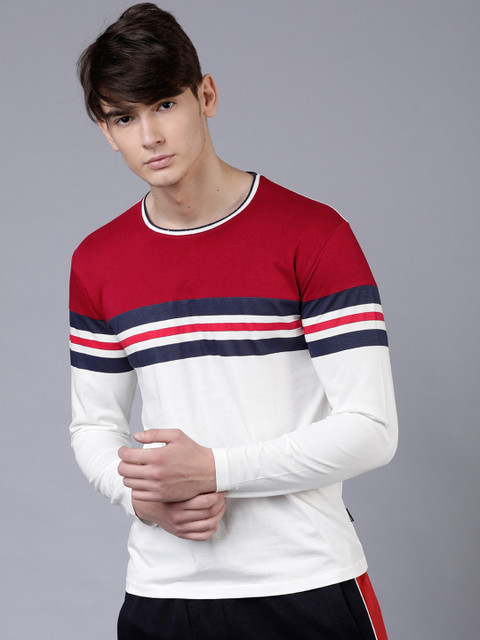 

LOCOMOTIVE Men White Striped Round Neck T-shirt