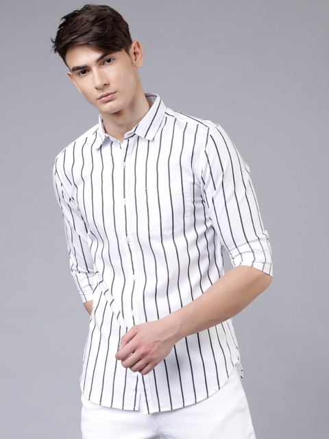 

HIGHLANDER Men White & Navy Blue Slim Fit Striped Casual Shirt