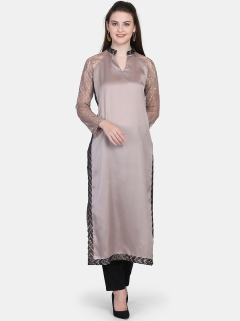 

Ojjasvi Women Taupe Woven Design Straight Kurta