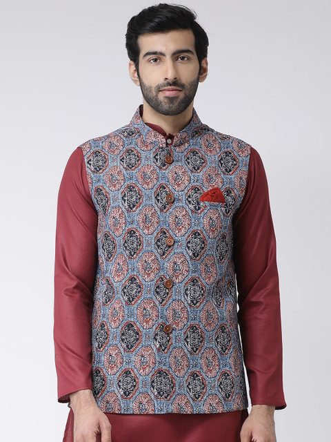 

KISAH Men Blue & Maroon Printed Nehru Jacket