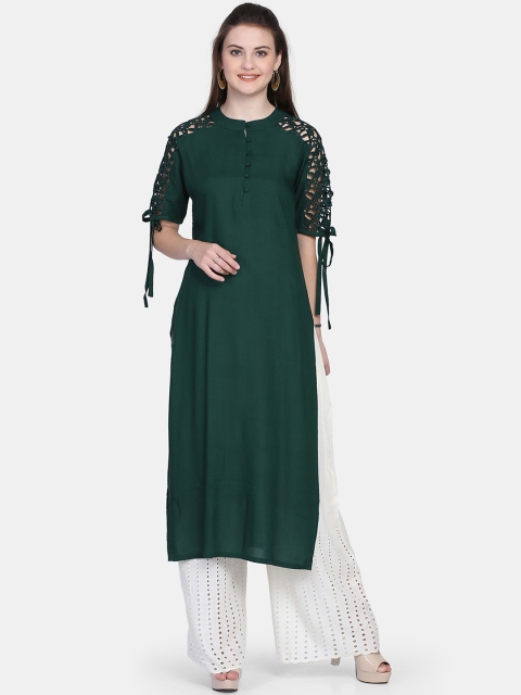 

Ojjasvi Women Green Woven Design Straight Kurta