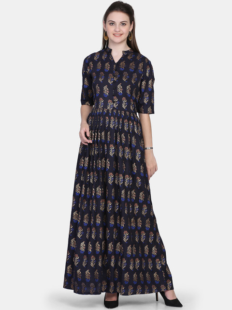 

Ojjasvi Women Navy Blue & Gold-Toned Foil Printed Maxi Dress