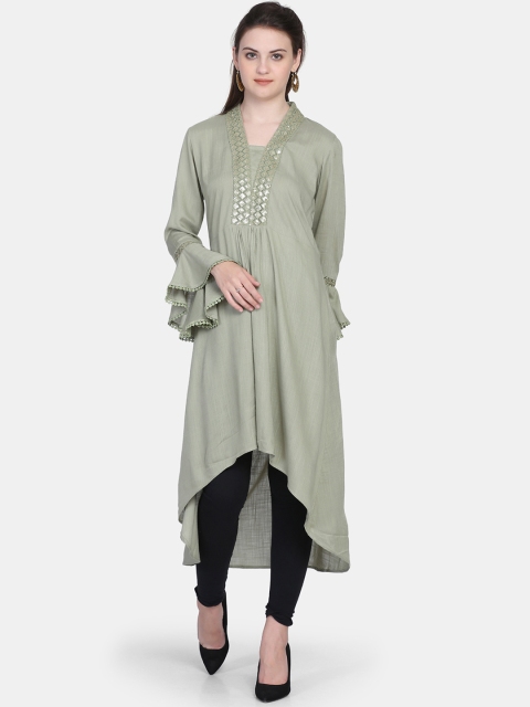 

Ojjasvi Women Olive Green Embroidered A-Line Kurta