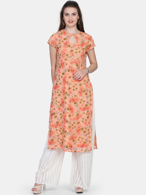 

Ojjasvi Women Peach-Coloured Lace Floral Print Straight Kurta
