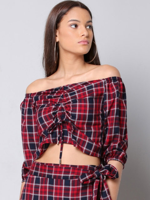 

FabAlley Women Red Checked Bardot Top