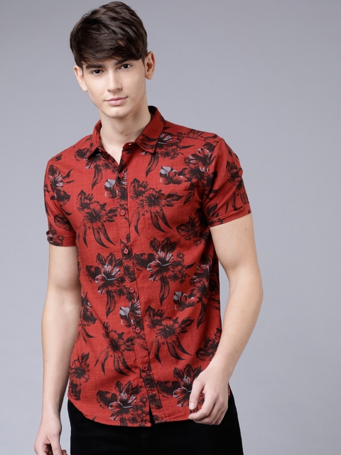 

HIGHLANDER Men Rust Red & Black Slim Fit Floral Printed Casual Shirt