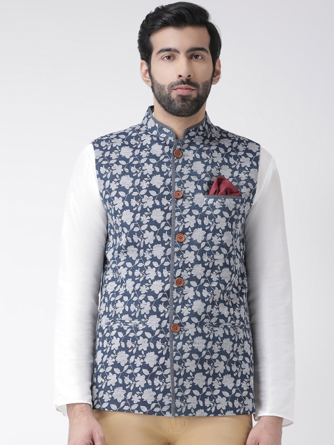 

KISAH Men Navy Blue & Off-White Floral Printed Nehru Jacket
