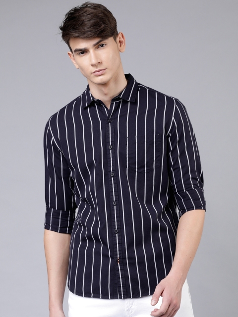 

HIGHLANDER Men Navy Blue & White Slim Fit Striped Casual Shirt