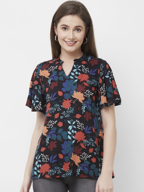 

109F Women Black Floral Print Top