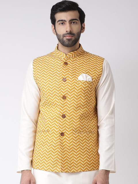 

KISAH Men Yellow Printed Pure Cotton Nehru Jacket